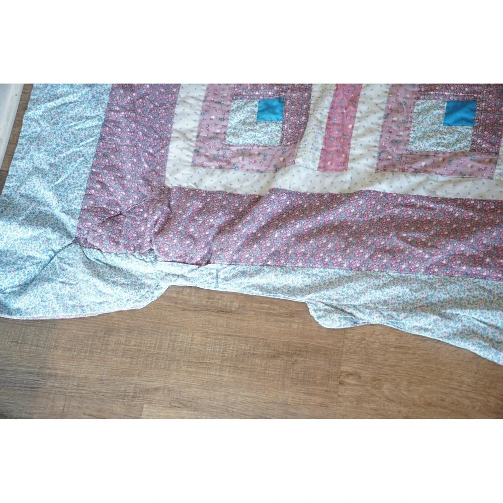 Handmade‎ Patchwork Quilt Pink Blue Floral Log Cabin Style 84x70 Blanket
